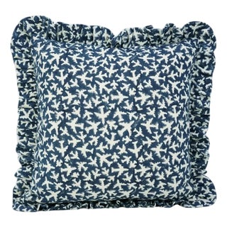 Fabdivine Handcrafted Block Print Frill Cushion Cover Blue 14x14 Inch Off-White Linen- Pushapak Viman For Sale