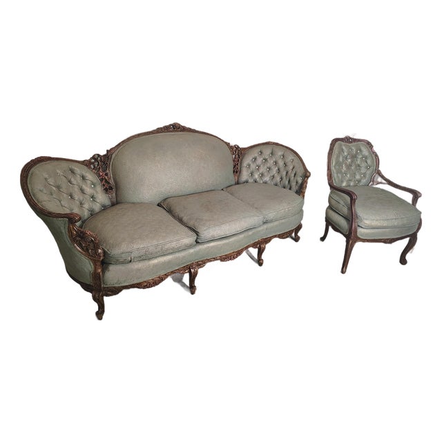 Antique Hand Carved Victorian Sofa and Chair For Sale