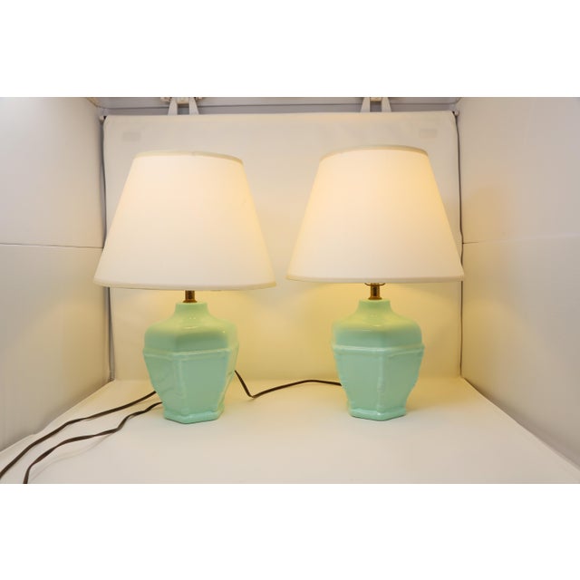 1970s Vintage 1970s Mint Green Ceramic Table Lamps, Pair With Cream Shades For Sale - Image 5 of 10
