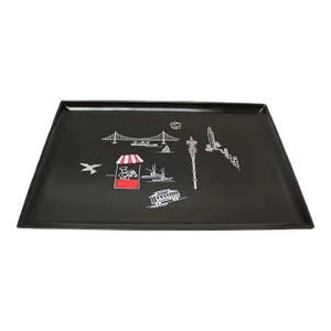 Rectangular Mid-Century Black Resin Inlaid "San Francisco" Cityscape Tray by Couroc for Gump's