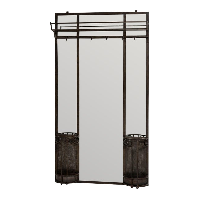 1910s French Wrought Iron Mirror With Coat Rack & Stand For Sale