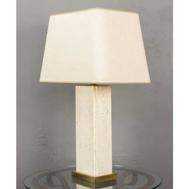 Mid-Century Modern Large French Mid-Century Rectangular Travertine Table Lamp With Brass Base, 1960s For Sale - Image 3 of 12