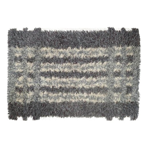 Scandinavian Shades of Grey and Cream Rya Rug with Geometric Pattern, 1960s For Sale