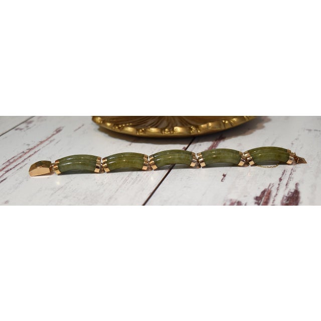 Metal Late 20th Century 14k Gold Green Jade Link Bracelet Good Fortune 7 1/8" Long For Sale - Image 7 of 18