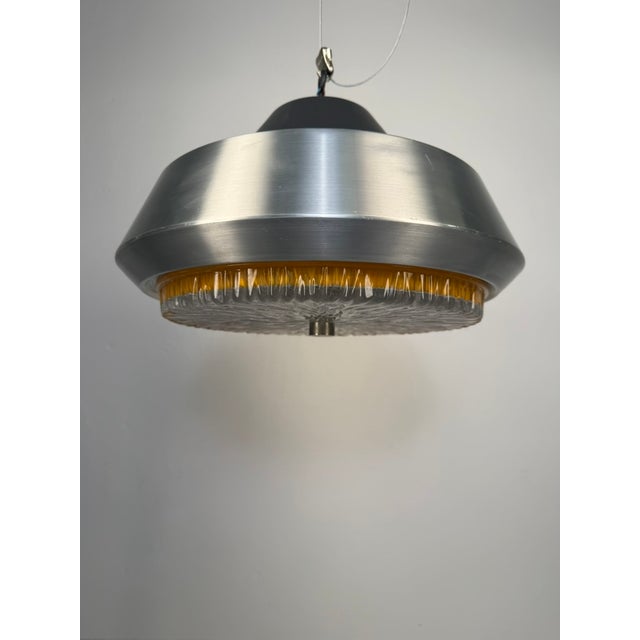 Silver Space Age Pendant Lamp in Brushed Aluminium and Amber Pressed Glass, 1970s For Sale - Image 8 of 12