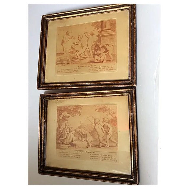 Tan Early 19th Century French, Les Bouteilles De Savon, Paris Copperplate Engravings Cherub Children - Set of 2 For Sale - Image 8 of 9