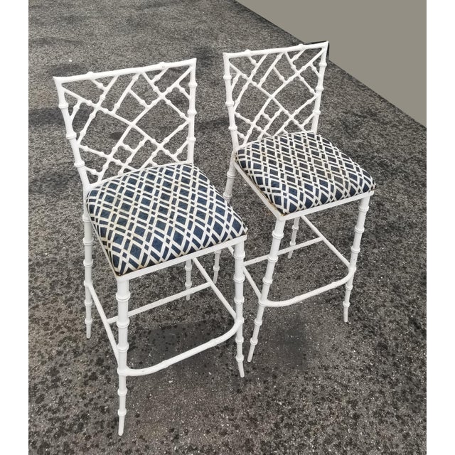 Vintage Chinese Chippendale Mid Century White Faux Bamboo Iron Bar Stools - a Pair For Sale In Los Angeles - Image 6 of 10