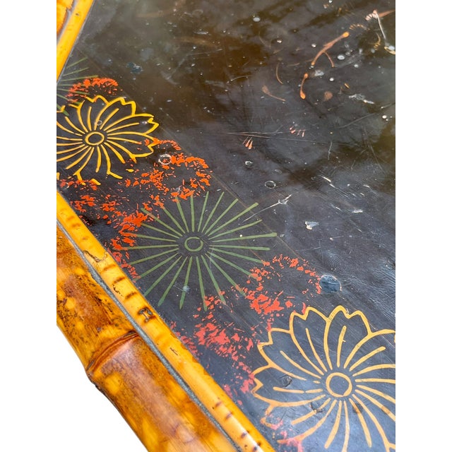 Wood Antique Scorched Bamboo Chinoiserie Side Table With Hand-Painted Lacquer Top, Early 20th Century For Sale - Image 7 of 18
