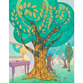The Beautiful Tree by Rhonda Libbey | Oil and 24 Karat gold leaf Tree with colorful leaves and a bird For Sale