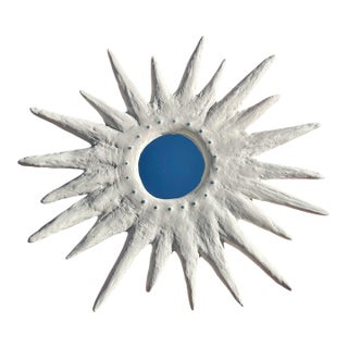 Handmade Plaster Sunburst Mirror With Turqoise Embellishments by Mb Maison For Sale