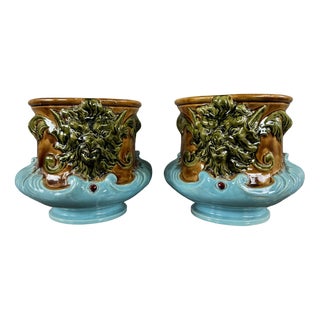 19th Century Mascaron-Decorated Earthenware Cachepots, Set of 2 For Sale