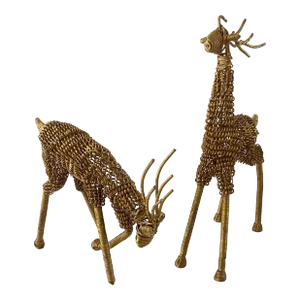 Vintage 1970s Hand Crafted Gold Brass Metal Wire Reindeer - A Pair