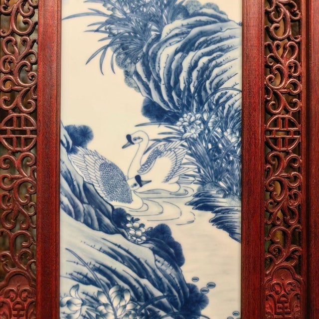 Blue Vintage Chinese Rosewood & Blue-and-White Porcelain Four-Panel Floor Screen For Sale - Image 8 of 10