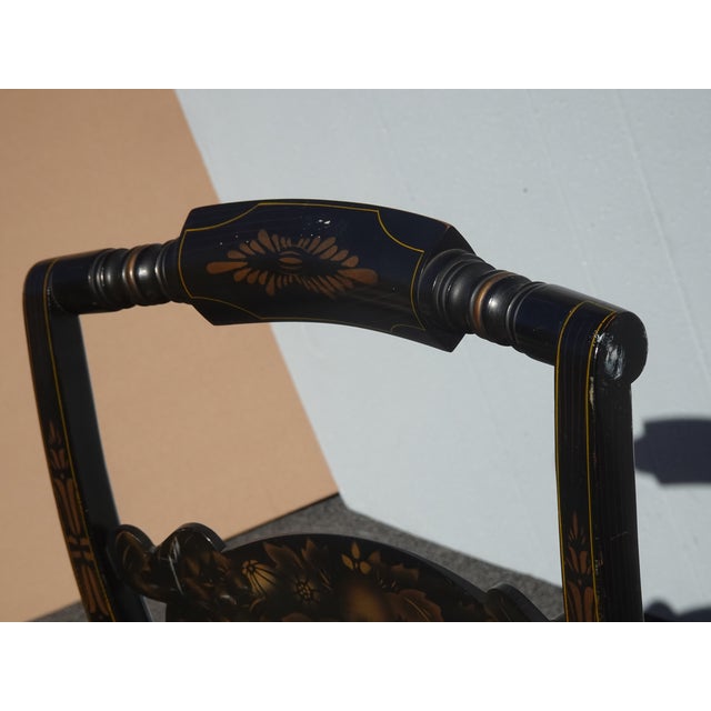 Vintage L. Hitchcock French Country Black Turtle Back Rush Seat Chair Stenciled For Sale - Image 10 of 17