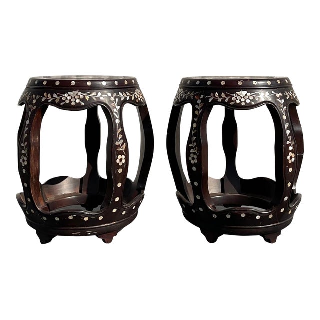 Vintage Asian Hardwood Inlay Low Stools - a Pair For Sale