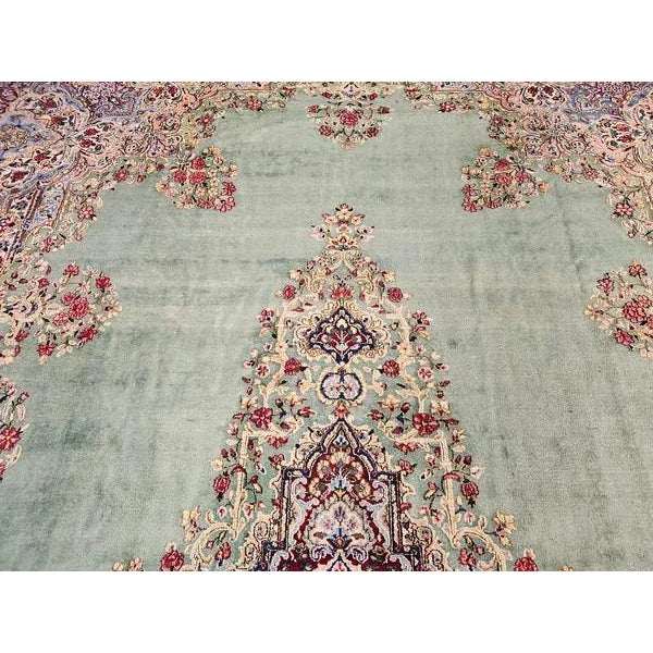 Vintage Oversize Persian Kerman in Floral Pattern in Pale Green, Red, Blue, Pink For Sale In Chicago - Image 6 of 12