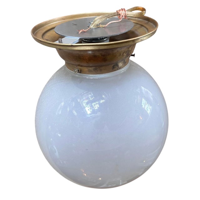1920s White Cased Glass Ball Fixture on Old Brass Holder For Sale - Image 4 of 5
