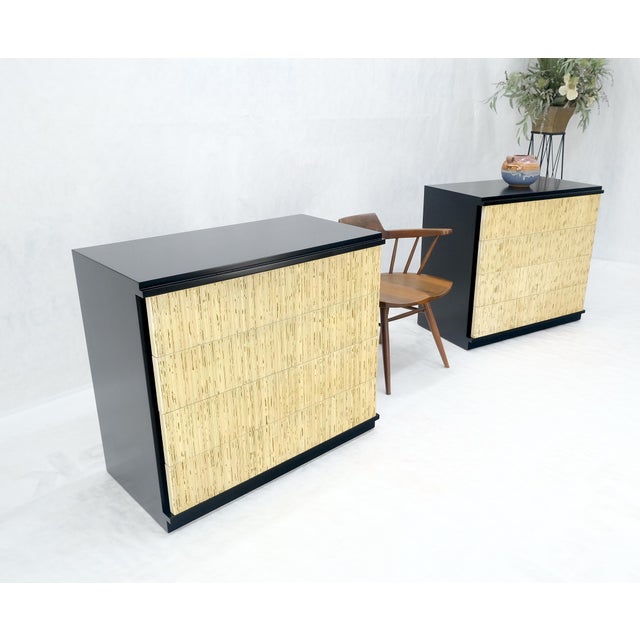 Mid-Century Modern Pair Black Lacquer 4 Drawers "Linen Fold" Fronts Bachelor Chests Dressers MINT For Sale - Image 3 of 12