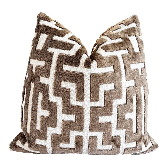 Taupe Myriad Velvet Throw Pillow With Feather Down Insert For Sale
