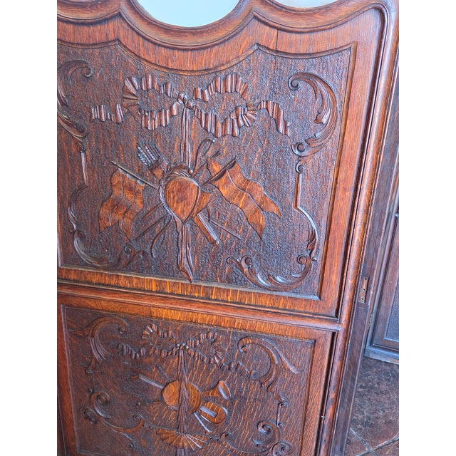 Art Nouveau Three-Panel Hand Carved Oak Screen Military or Musical Dressing Screen For Sale In San Diego - Image 6 of 13
