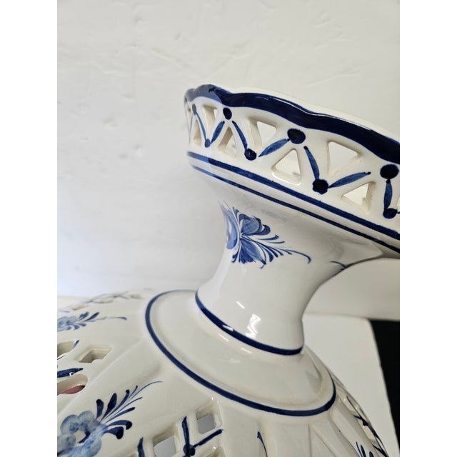 Rustic European Vintage Blue and White Reticulated Large Portuguese Fruit Compote For Sale - Image 3 of 4