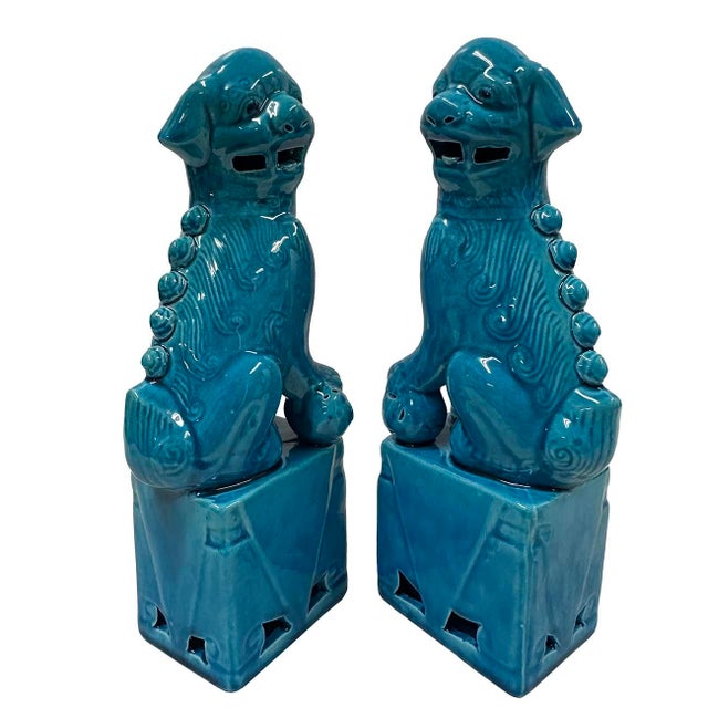 Ceramic Vintage Chinese Porcelain Turquoise Foo Dog Figurines - A Pair For Sale - Image 7 of 9