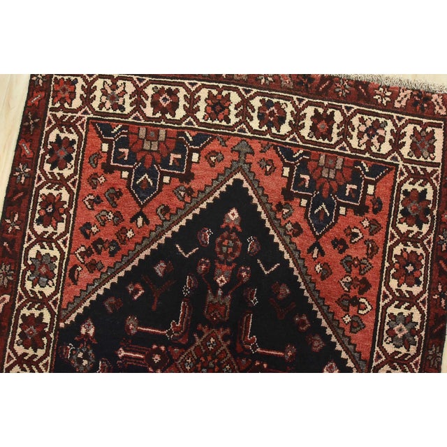 Hamedan Runner 3’6” X 8’10” Blue Wool Semi-Antique Tribal Hand-Knotted Rug For Sale In Philadelphia - Image 6 of 14