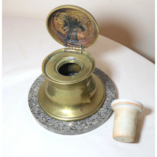 Brass Large Antique British Coat of Arms Gilt Bronze Brass Marble Writing Desk Inkwell For Sale - Image 8 of 11