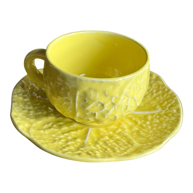 Vintage Secla Cabbage Ware Citron Yellow Majolica Cup and Saucer For Sale
