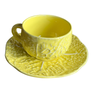 Vintage Secla Cabbage Ware Citron Yellow Majolica Cup and Saucer