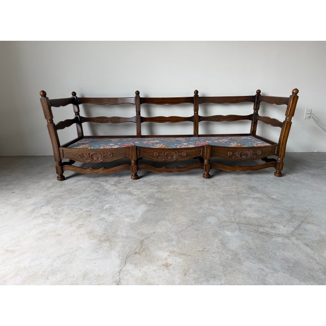 French Provincial 1970s Vintage French Provincial Style Carved Oak Ladder-Back Sofa With Shell Details For Sale - Image 3 of 13
