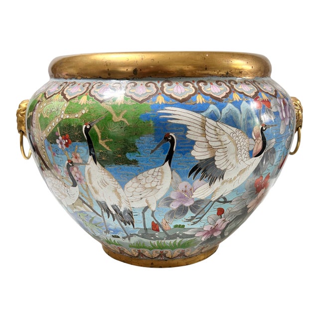 1960s Monumental Handcrafted Cloisonné Enamel Jardiniere With Cranes, Blossoms & Lion Head Handles For Sale