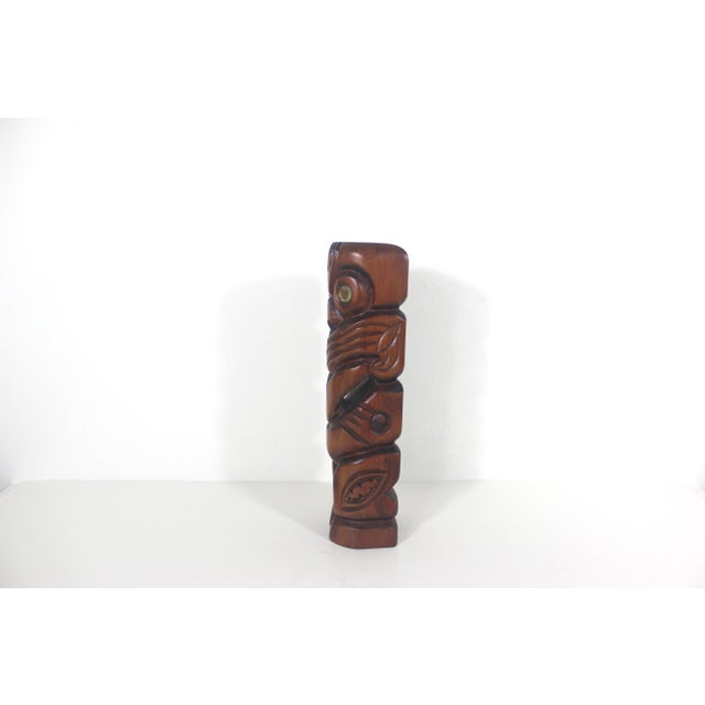 1970s Vintage Indigenous Maori Wood Folk Art Sculpture With Abalone For Sale - Image 5 of 9