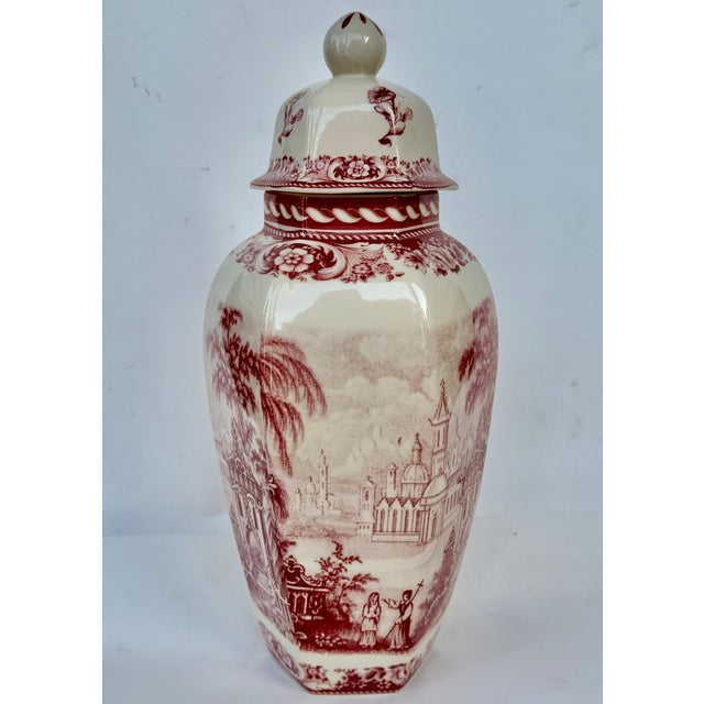 English Red and White Chinoiserie Transferware Porcelain Lidded Jar For Sale - Image 9 of 12