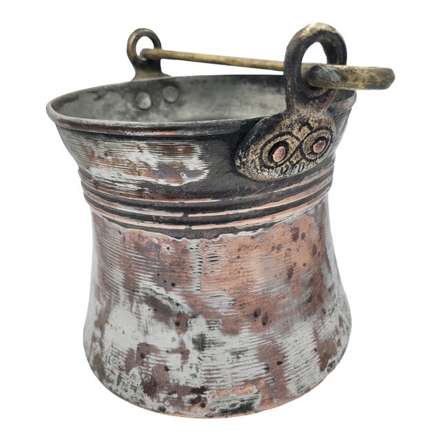 19th Century Ottoman Turkish Tinned Copper Bucket With Brass Swing Handle For Sale