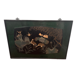 1970s Lacquered Relief of Birds at a Pond