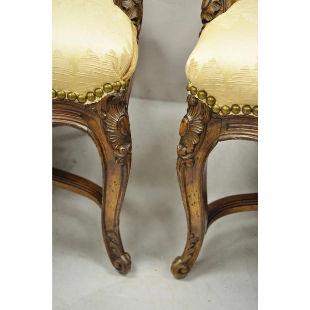 Vintage French Country Louis XV Style Carved Walnut Lounge Arm Chairs - A Pair For Sale In Philadelphia - Image 6 of 12