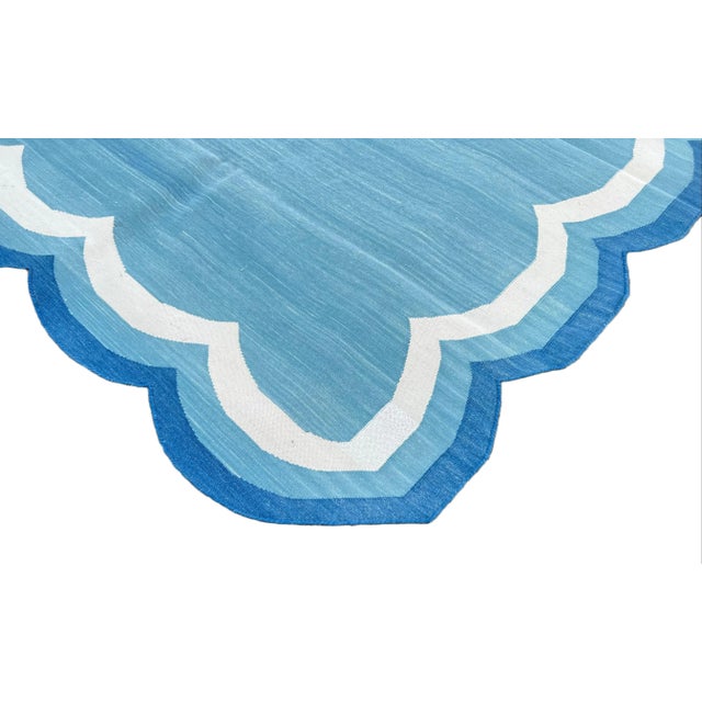 Not Yet Made - Made To Order Handmade Cotton Area Scalloped Rug Tiffany Blue, Cream and Indigo Blue Border Dhurrie - 10'x14' For Sale - Image 5 of 11