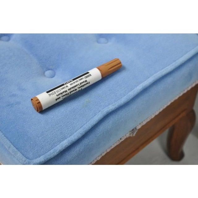 Antique Victorian Walnut Cabriole Leg Blue Tufted Footstool Ottoman Stool For Sale - Image 9 of 15