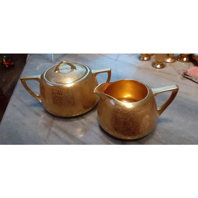 Ceramic MCM Large Pickard Deep Gold Overlay Sugar and Creamer Set - 2 Pieces For Sale - Image 7 of 7