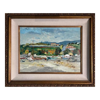 Robert Mendoze Original Oil Painting, French Coastal Harbor, Signed and Dated 1967, Framed For Sale