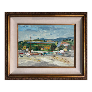 Robert Mendoze Original Oil Painting, French Coastal Harbor, Signed and Dated 1967, Framed