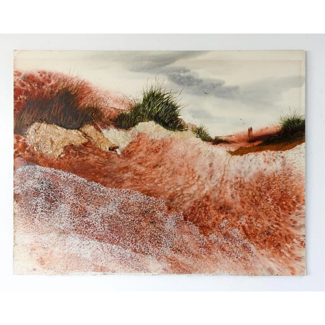 Mixed media painting on artist board of coastal sand dunes with figures. Textured using fiber and paper. Unsigned....