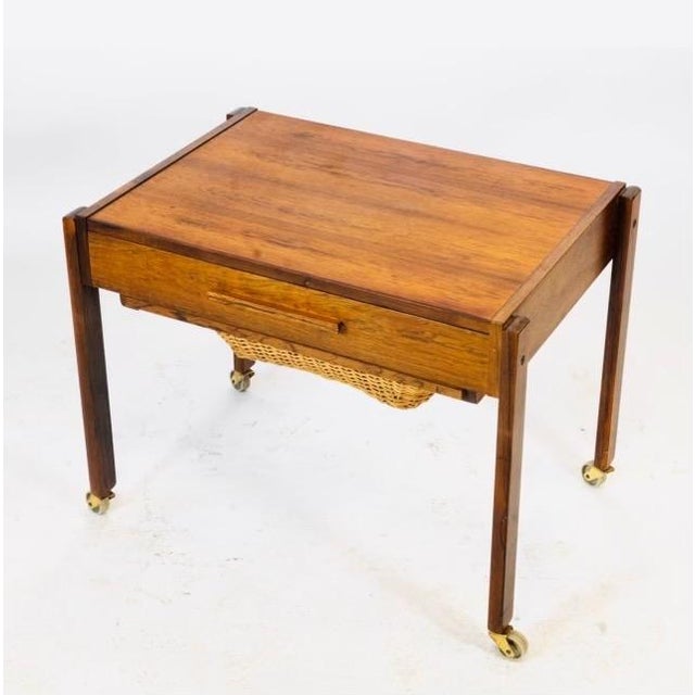 Mid 20th Century Mid 20th Century Near Pair of Danish Modern Sewing /Side Tables With Woven Baskets in the Style of p.j. Møbler – Rosewood & Teak For Sale - Image 5 of 11