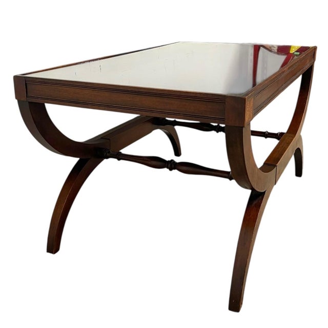 Neoclassical Vintage Neoclassical Style Coffee Table With Removable Glass Top, Curved Saber Legs and Floral Inlay Accents For Sale - Image 3 of 11