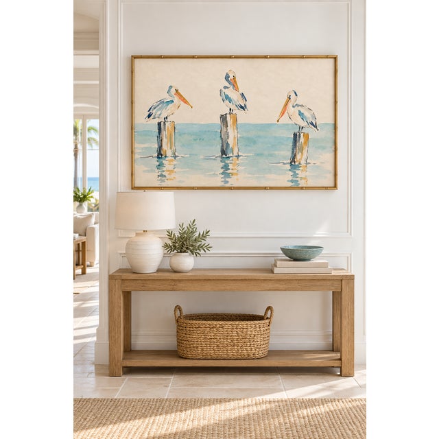 Traditional Coastal Pelican Art Print – Three Pelicans on Harbor Posts, 54" X 36" For Sale - Image 3 of 7