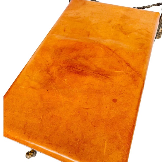 Vintage Gray Steel Bench With Gold Tassels and Leather Seat For Sale - Image 9 of 11