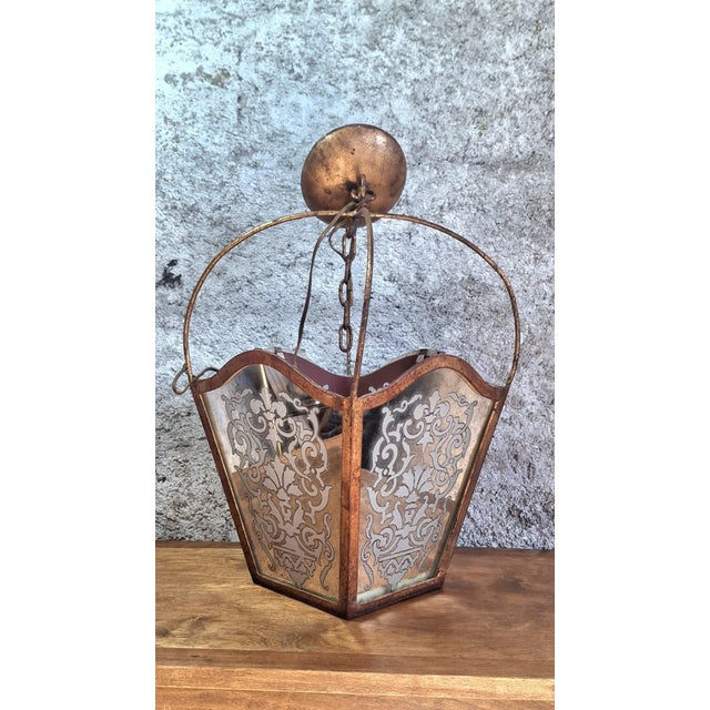 Napoleon III Hanging Lantern in Gilded Wrought Iron and Engraved Glass, 1800s For Sale - Image 10 of 10