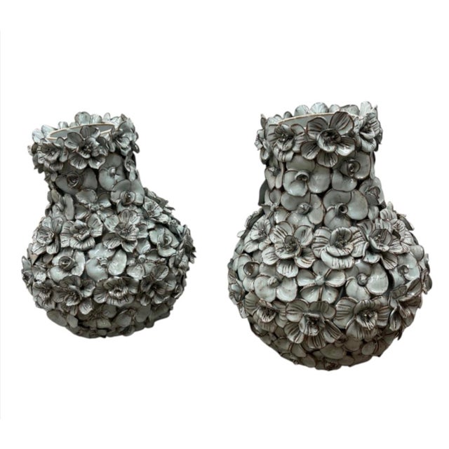 Pair of Vintage Italian Hand-Sculpted Floral Encrusted Ceramic Vases For Sale - Image 4 of 12