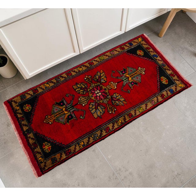 Hand Knotted Small Turkish Rug. Organic Wool 1960's Entryway Decor DoorMat, Accent Rug - 22'' X 44'' For Sale - Image 4 of 12